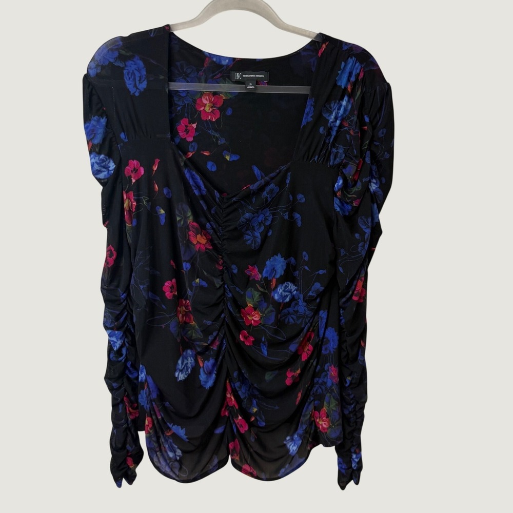 INC International Concepts Dark Floral Mesh Ruched Top Black XL Y2K Whimsigoth